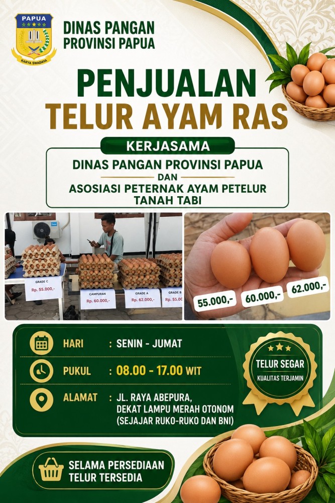 Penjualan Telur Ayam Ras Kerjasama Dinas Pangan Provinsi Papua & Asosiasi Peternak Ayam Petelur Tanah Tabi dihalaman Kantor Dinas Pangan 